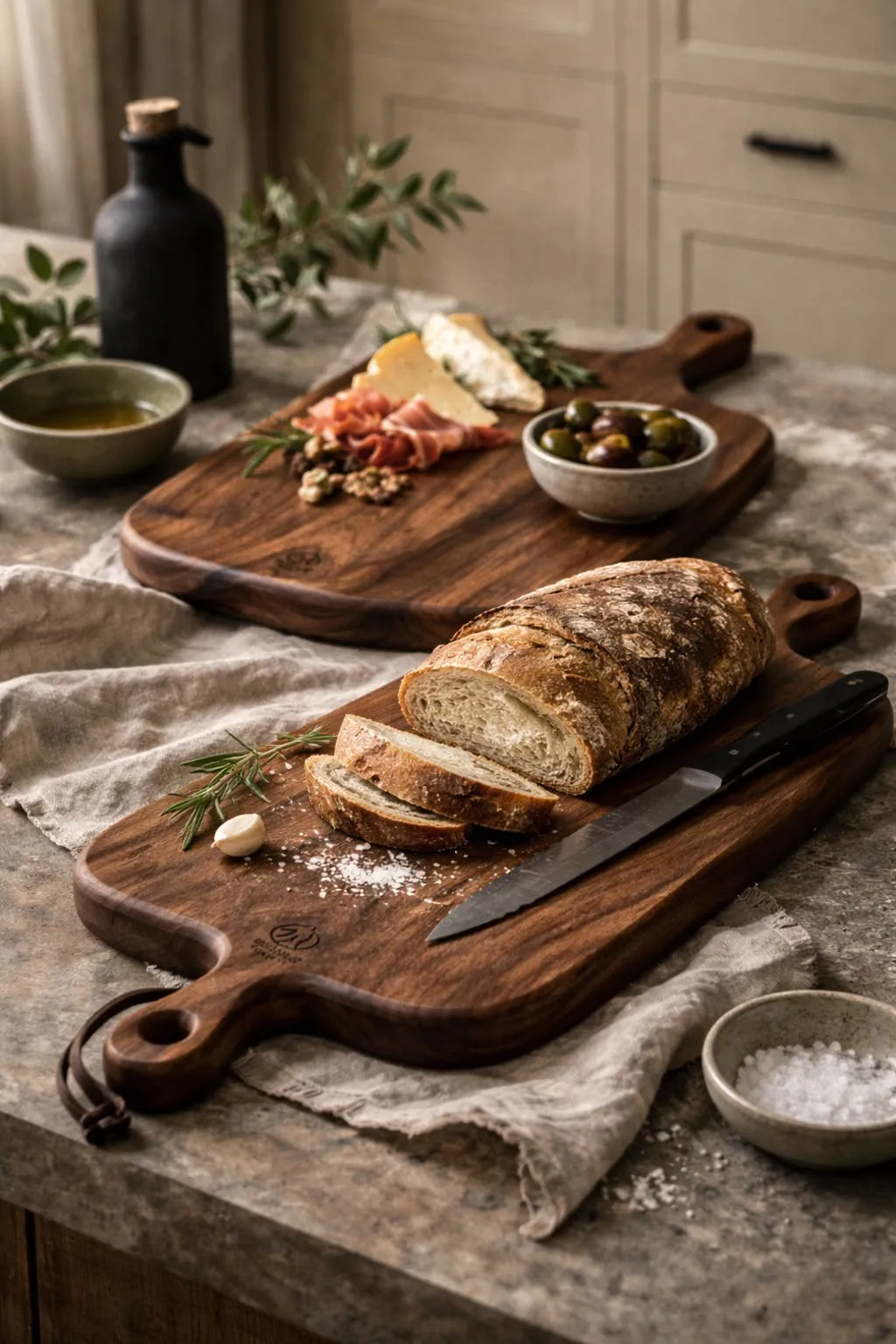Tabla de charcutería de madera con pan rebanado, quesos y aceite de oliva